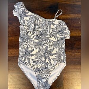 Janie and Jack One-Shoulder Floral Swimsuit - Black and White